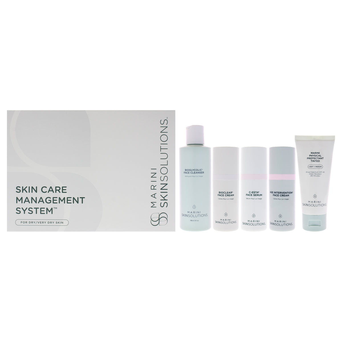 Skin Care Management System - Dry to Very Dry by Marini SkinSolutions for Unisex - 5 Pc 6oz Bioglycolic Face Cleanser, 1oz C-ESTA Face Serum, 1oz Bioclear Face Lotion, 1oz Age Intervention Face Cream