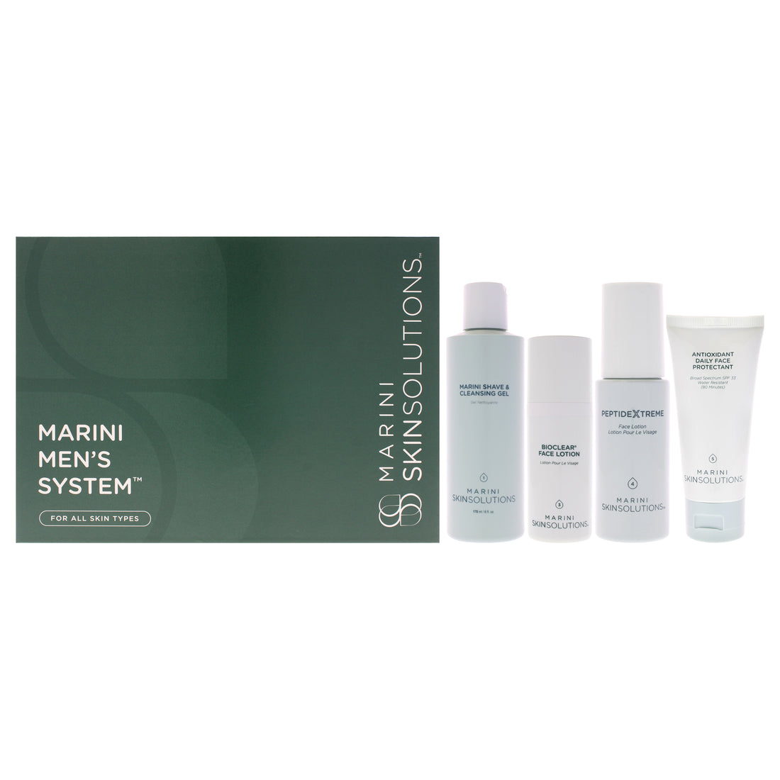 Marini Men System by Marini SkinSolutions for Men - 4 Pc 6oz Marini Shave And Cleansing Gel, 1oz Bioclear Face Lotion, 1oz Peptide Xtreme Face Lotion, 2oz Antioxidant Daily Face Protectant SPF 33