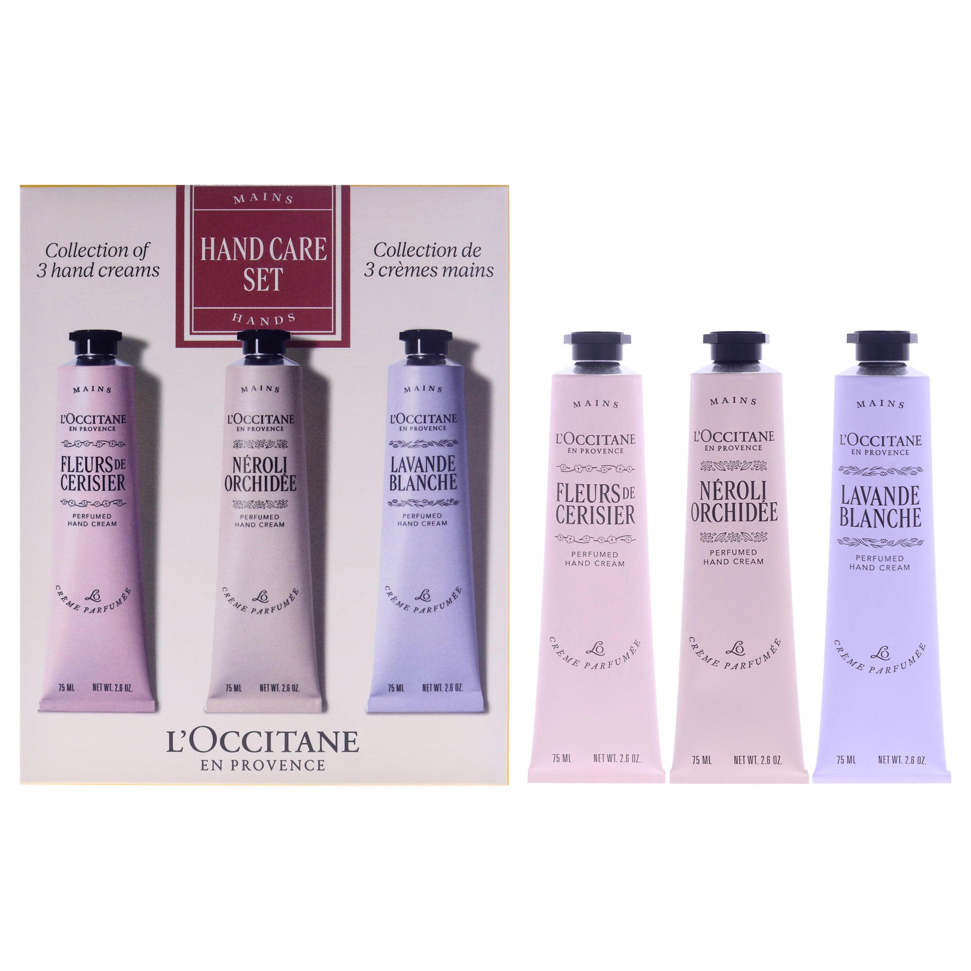 Floral Hand Cream Trio by LOccitane for Unisex - 3 Pc 2.6oz Cherry Blossom Hand Cream, 2.6oz Neroli and Orchidee Hand Cream, 2.6oz White Lavender Hand Cream