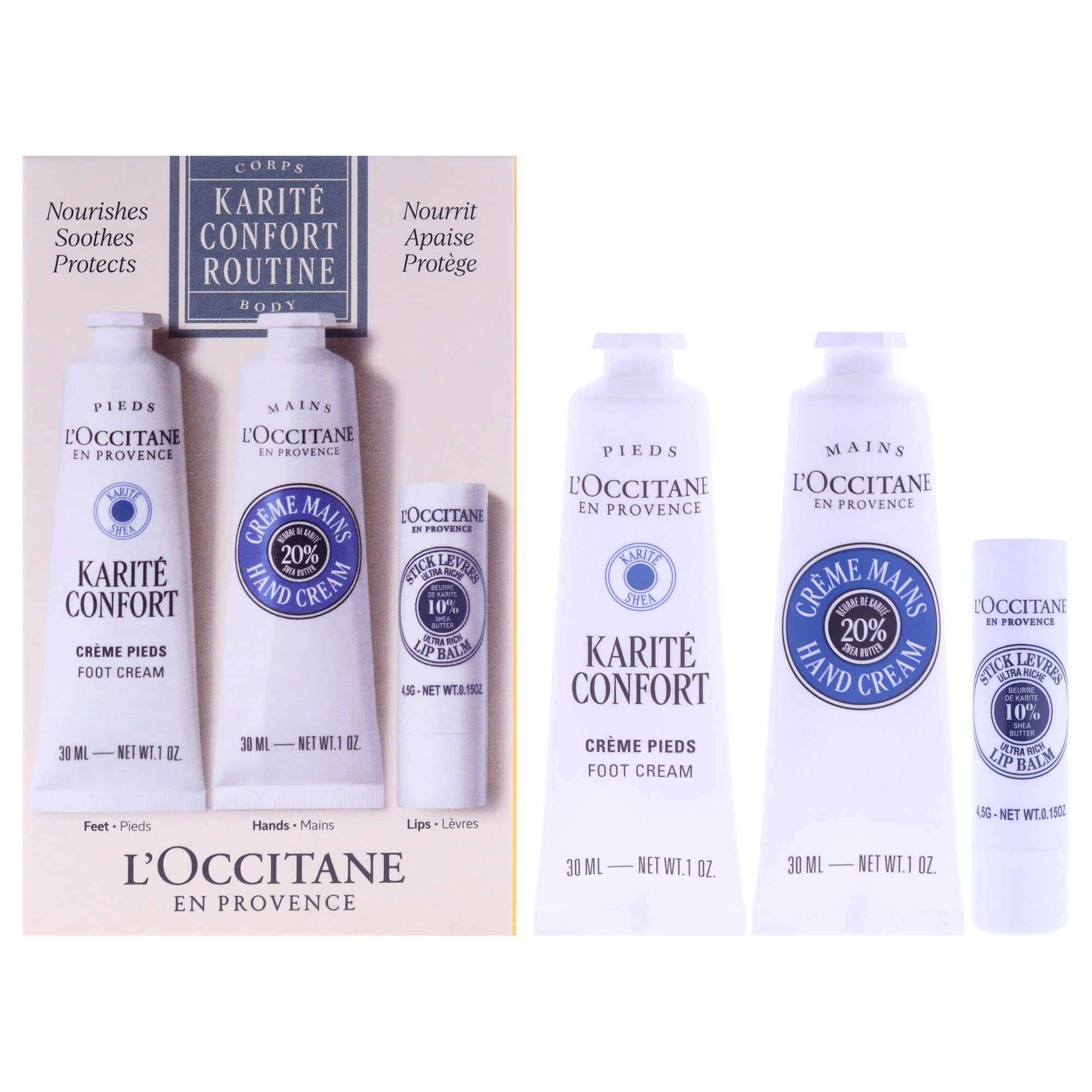 Shea Travel Must Haves by LOccitane for Unisex - 3 Pc 1oz Shea Confort Foot Cream, 1oz Shea Butter Hand Cream, 0.15oz Shea Butter Ultra Rich Lip Balm
