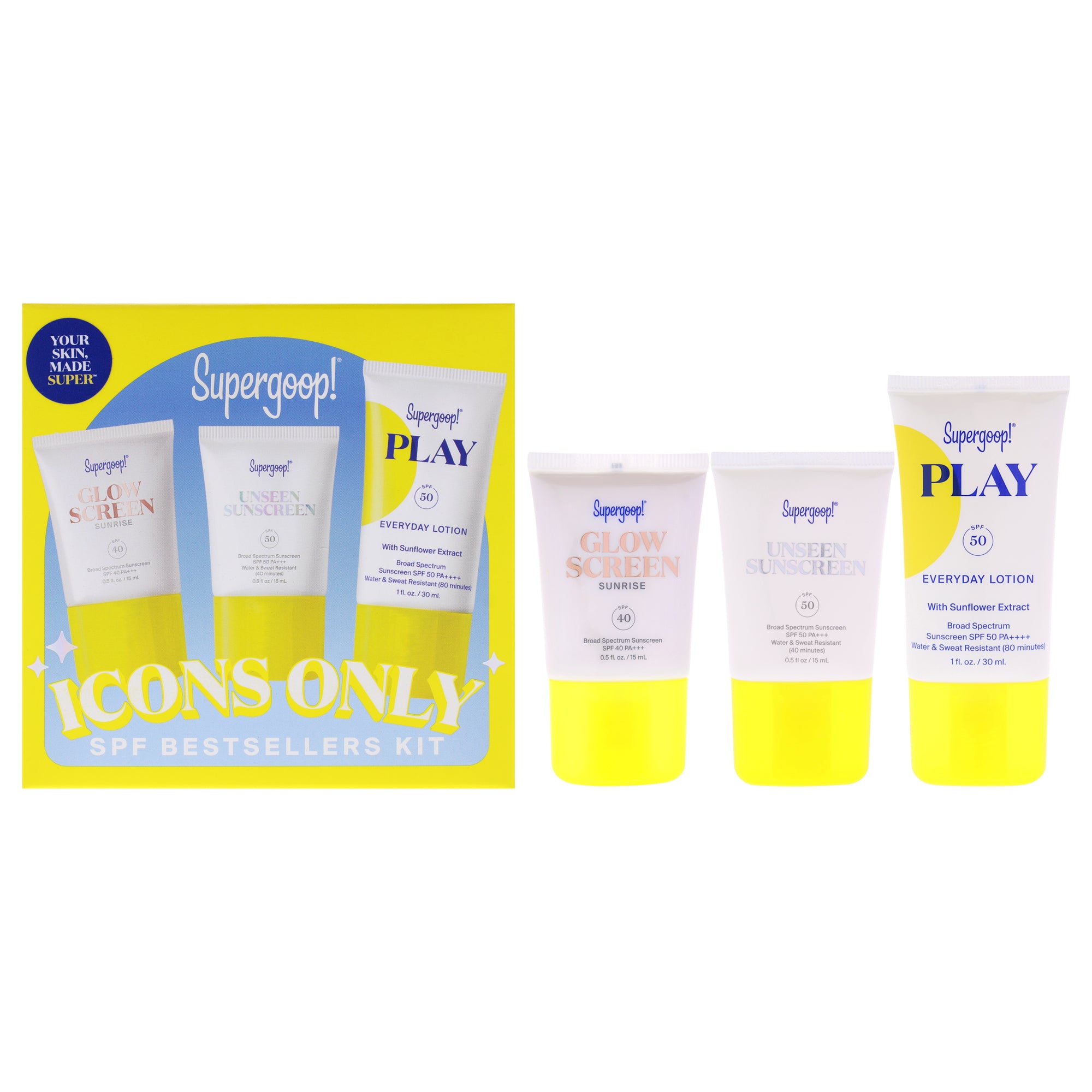Icons Only SPF Bestsellers Kit by Supergoop for Women - 3 Pc 0.5oz Glowscreen SPF 40 PA Plus - Sunrise, 0.5oz Unseen Sunscreen SPF 50 PA Plus, 1oz PLAY Everyday Lotion SPF 50