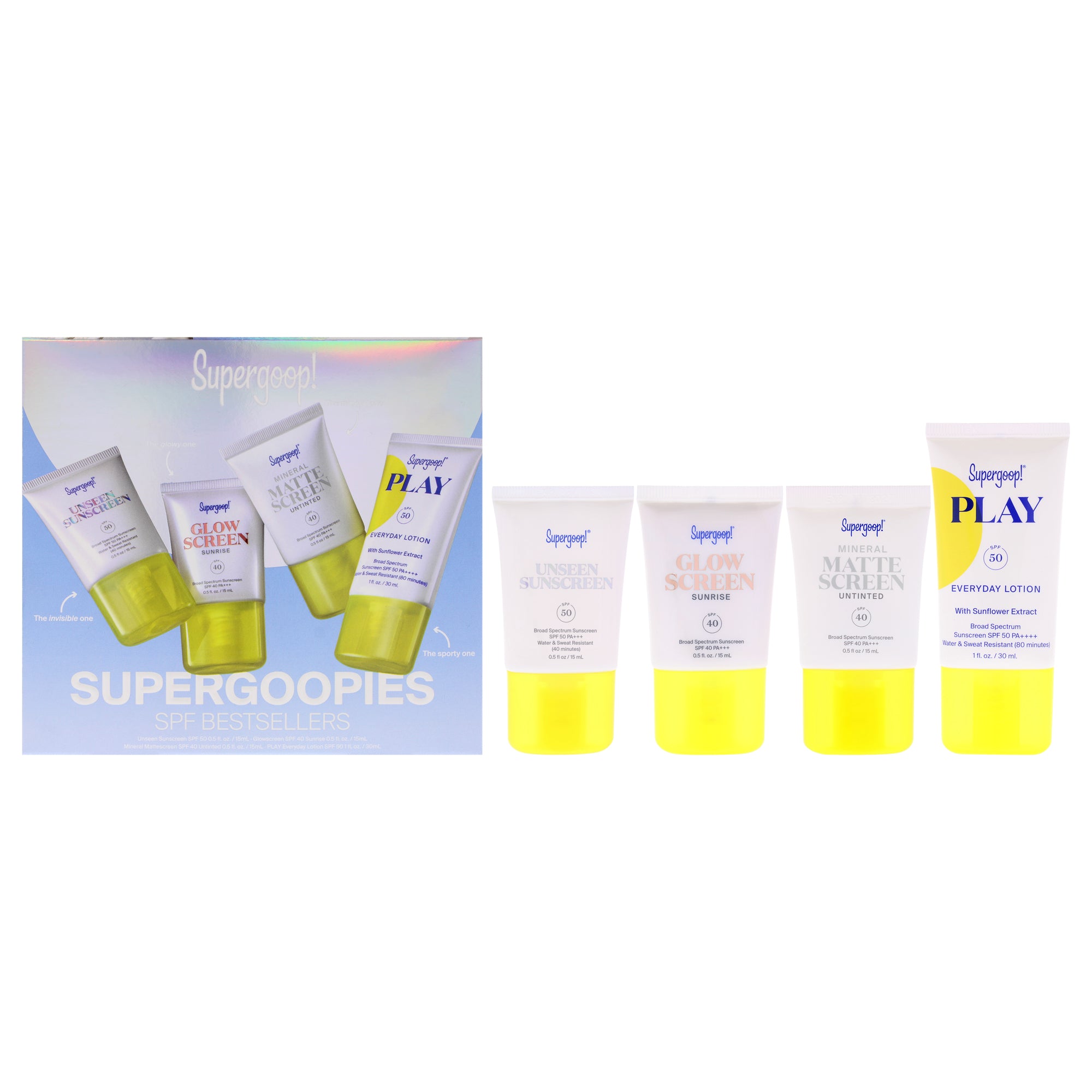 Supergoopies SPF Bestsellers Kit by Supergoop for Women - 4 Pc 0.5oz Unseen Sunscreen SPF 50 PA Plus, 0.5oz Glowscreen SPF 40 PA Plus - Sunrise, 0.5oz Mineral Mattescreen SPF 40 - Untinted, 1oz PLAY Everyday Lotion SPF 50