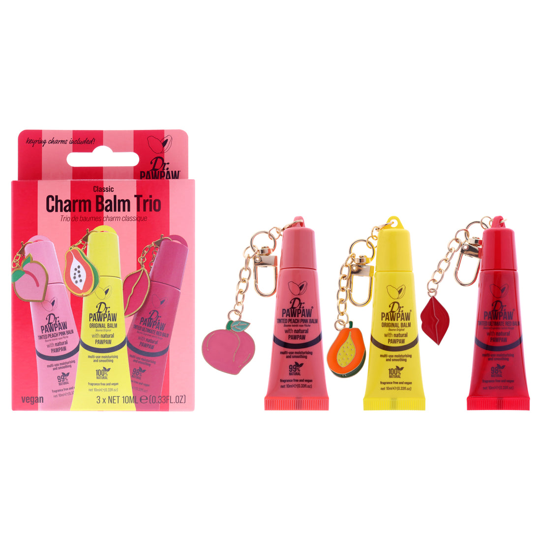 Charm Balm Trio by Dr. PawPaw for Women - 3 Pc 0.33oz Lip Balm - Original, 0.33oz Lip Balm - Peach Pink, 0.33oz Lip Balm - Ultimate Red