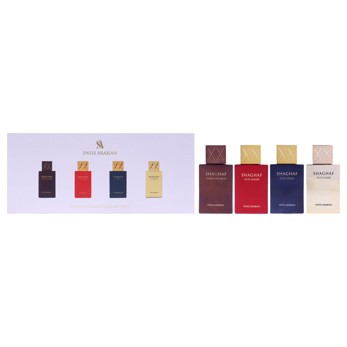 Shaghaf Collection by Swiss Arabian for Unisex - 4 Pc Gift Set 0.84oz Oud Ahmar EDP Spray, 0.84oz Oud Azraq EDP Spray, 0.84oz Oud Elixir EDP Spray, 0.84oz Amber Infusion EDP Spray