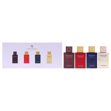 Shaghaf Collection by Swiss Arabian for Unisex - 4 Pc Gift Set 0.84oz Oud Ahmar EDP Spray, 0.84oz Oud Azraq EDP Spray, 0.84oz Oud Elixir EDP Spray, 0.84oz Amber Infusion EDP Spray