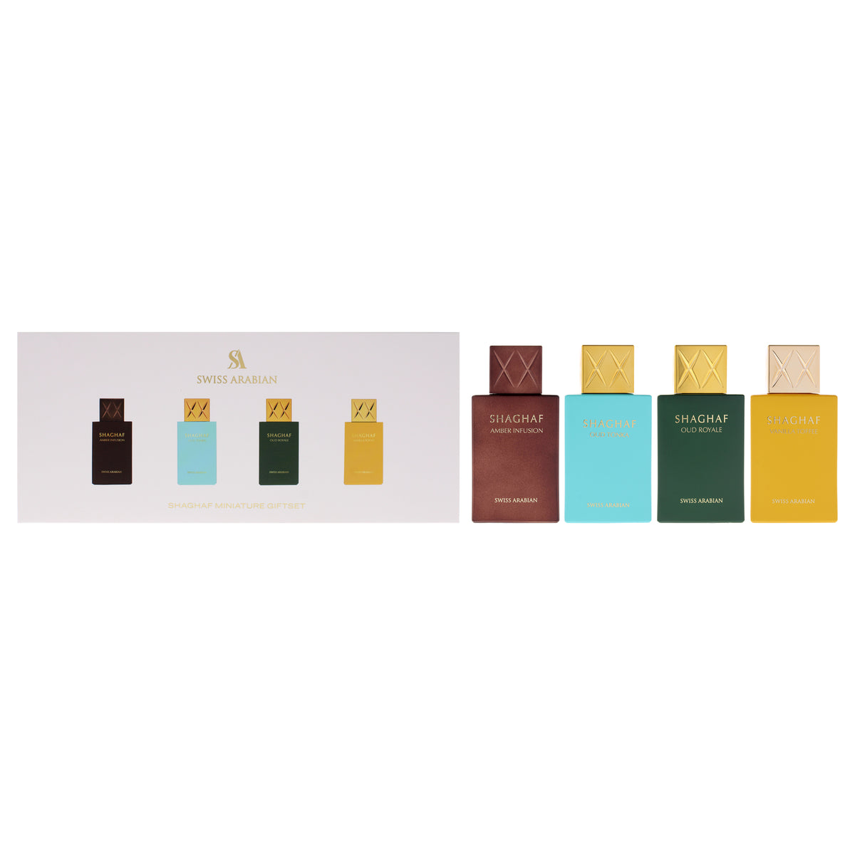 Shaghaf Collection by Swiss Arabian for Unisex - 4 Pc Gift Set 0.84oz Oud Tonka EDP Spray, 0.84oz Oud Royale EDP Spray, 0.84oz Vanilla Toffee EDP Spray, 0.84oz Amber Infusion EDP Spray