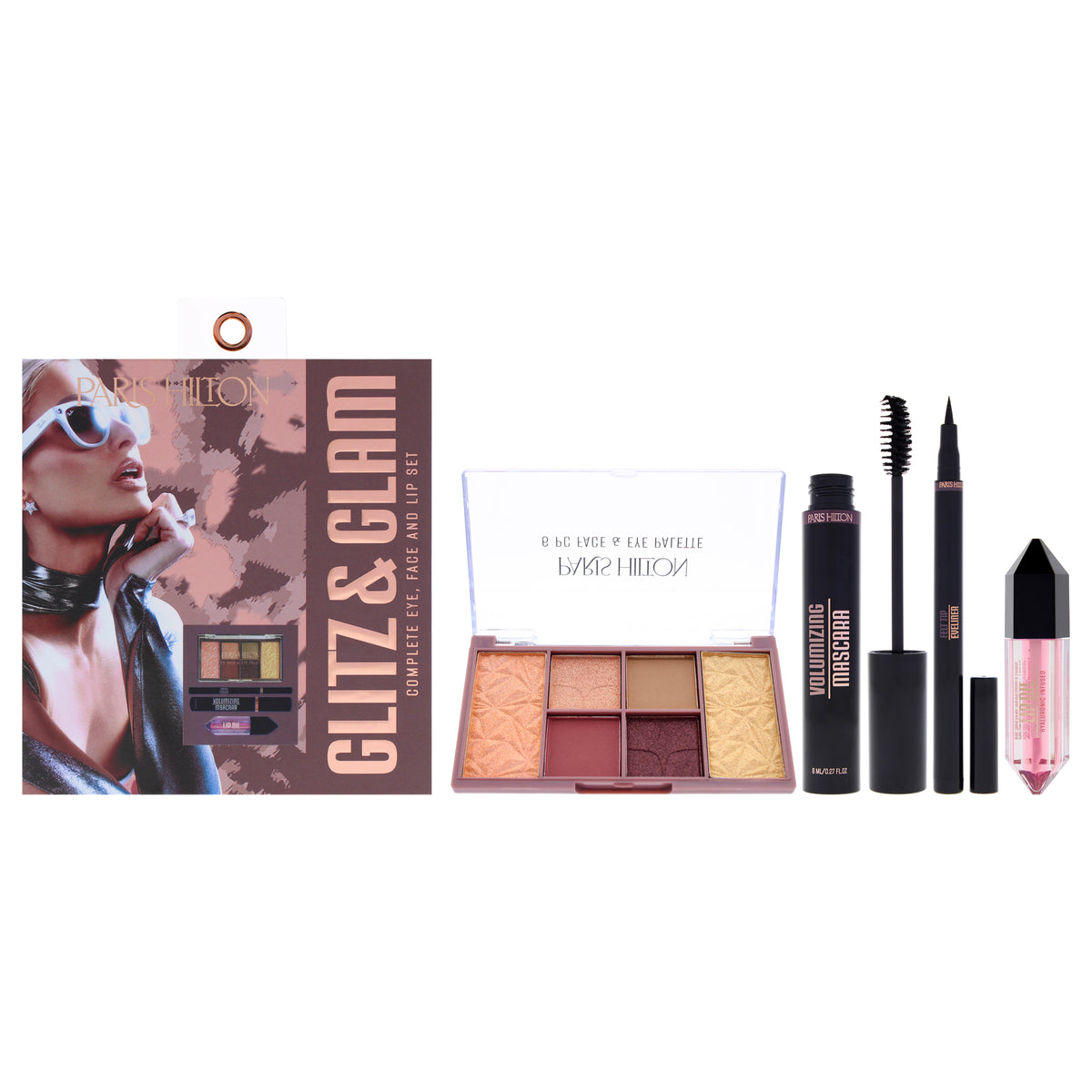 Glitz and Glam Set by Paris Hilton Cosmetics for Women - 4 Pc 0.16oz Eyeshadow Pallette, 0.07oz Felt Tip Eyeliner, 0.27oz Volumizing Mascara, 0.12oz Lip Oil