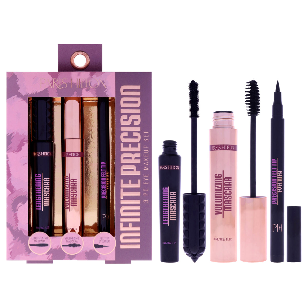 Infinite Precision Eye Makeup Set by Paris Hilton Cosmetics for Women - 3 Pc 0.27oz Lengthening Mascara, 0.27oz Volumizing Mascara, 0.03oz Felt Tip Eyeliner