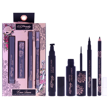 Ed Hardy Liner Queen Eyeliner Essentials by Christian Audigier Cosmetics for Women - 4 Pc 0.03oz Felt Tip Eyeliner, 0.07oz Cat Eyeliner Stamp, 0.17oz Matte Liquid Liner, 0.04oz Gel Eyeliner