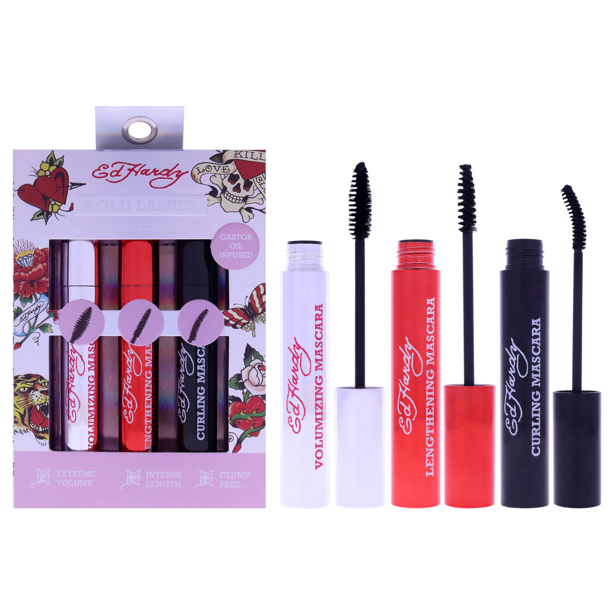 Ed Hardy Bold Lash Mascara Set by Christian Audigier Cosmetics for Women - 3 Pc 0.27oz Lengthening Mascara, 0.27oz Volumizing Mascara, 0.27oz Curling Mascara