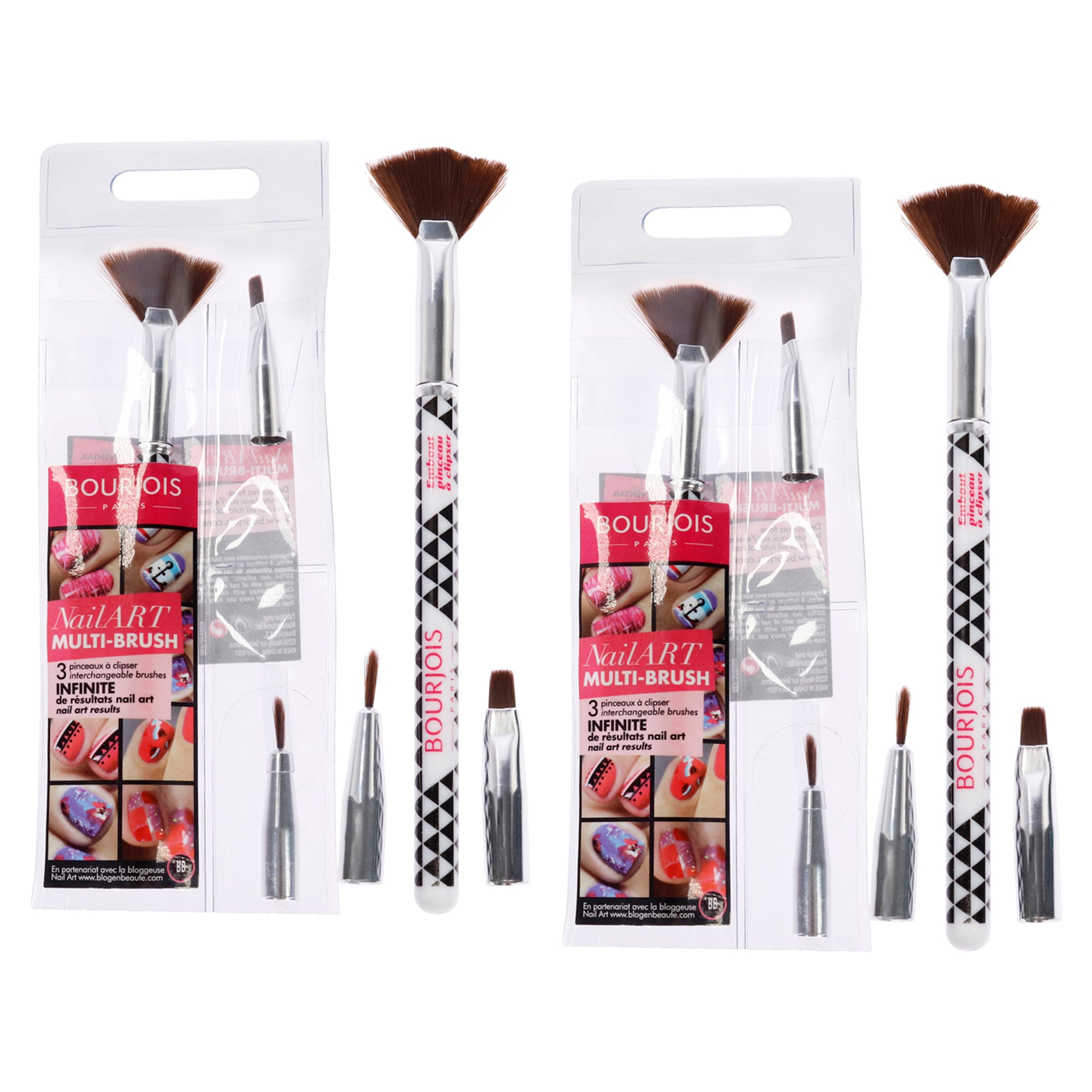 Multi-Brush Nail Art Set by Bourjois for Women - 3 Pc Set Fan Brush, Shader Brush, Liner Brush - Pack of 2