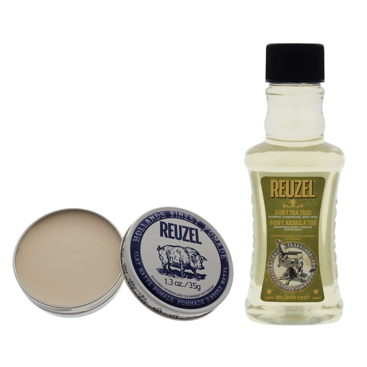 Clay Matte Pomade and 3-In-1 Tea Tree Shampoo Kit by Reuzel for Men - 2 Pc Kit 1.3 oz Pomade, 3.38 oz Shampoo