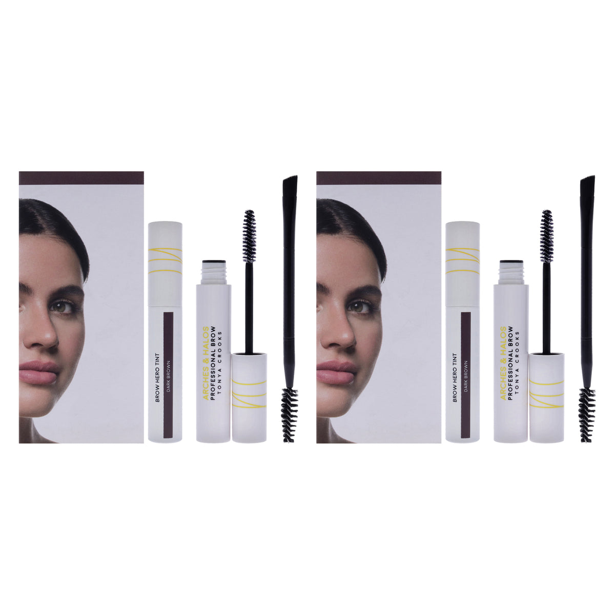 Brow Hero Tint Kit - Dark Brown by Arches and Halos for Women - 2 Pc Dual-Ended Angled Brush, Clear Brow Gel - Pack of 2