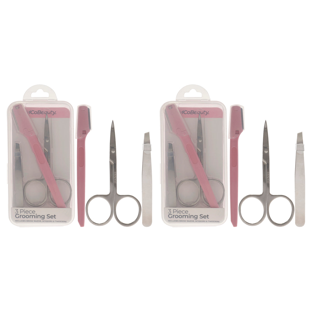 Grooming Kit by MCoBeauty for Women - 3 Pc Mini Brow Razor, Tweezers and Scissors - Pack of 2