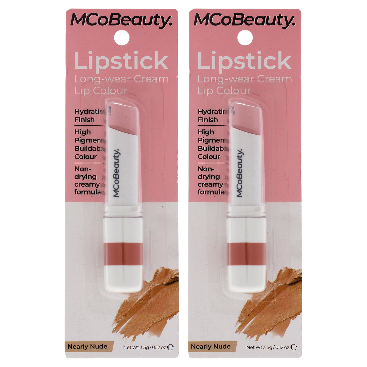 Lipstick Long-Wear Cream Colour - Nearly Nude by MCoBeauty for Women - 0.12 oz Lipstick - Pack of 2