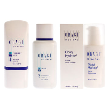 Obagi Kit by Obagi for Unisex - 3 Pc Kit 2oz Obagi Nu-Derm 4 AM Exfoderm Forte, 6.7oz Obagi Nu-Derm - 2 AM-PM Skin Toner, 1.7oz Obagi Hydrate Facial Moisturizer