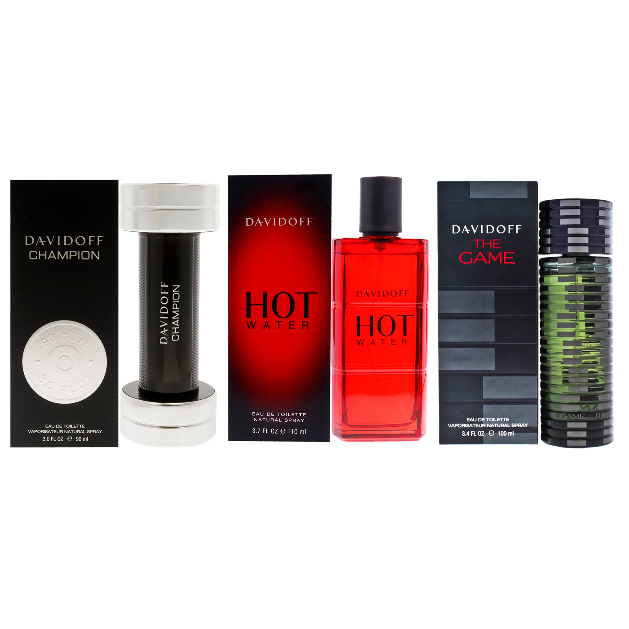 Davidoff Kit by Davidoff for Men - 3 Pc Kit 3.7oz Hot Water EDT Spray, 3.4oz The Game EDT Spray, 3oz Champion EDT Spray