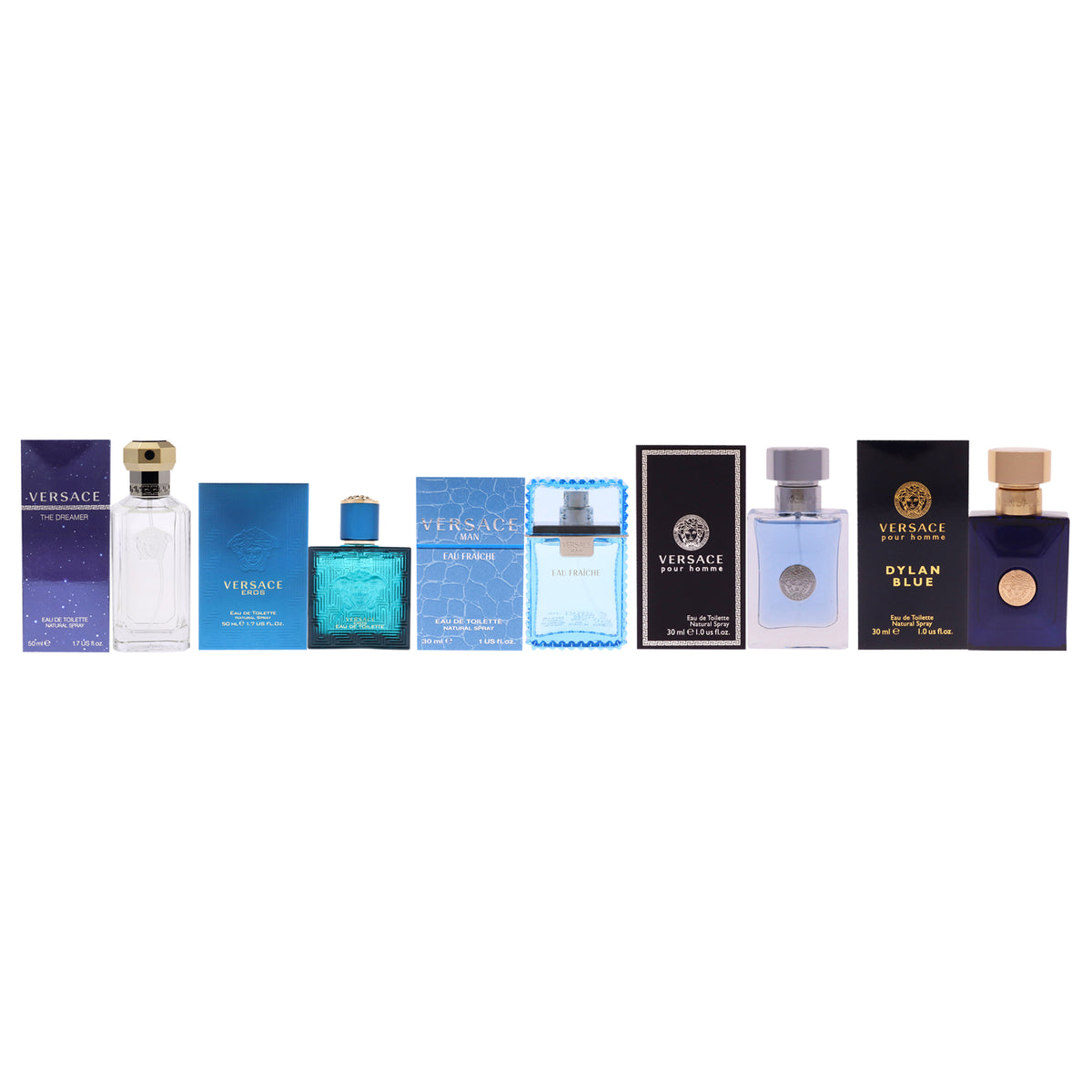 Versace Kit by Versace for Men - 5 Pc Kit 1.7oz Dreamer EDT Spray, 1oz Dylan Blue EDT Spray, 1.7oz Versace Eros EDT Spray, 1oz Versace Man Eau Fraiche EDT Spray, 1oz Versace Pour Homme EDT Spray