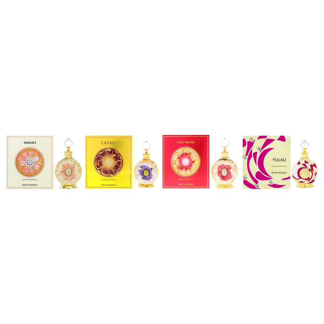Swiss Arabian Kit by Swiss Arabian for Unisex - 4 Pc Kit 0.5oz Layali Rouge Parfum Oil, 0.5oz Layali Parfum Oil, 0.5oz Amaali Rouge Parfum Oil, 0.5oz Yulali Parfum Oil