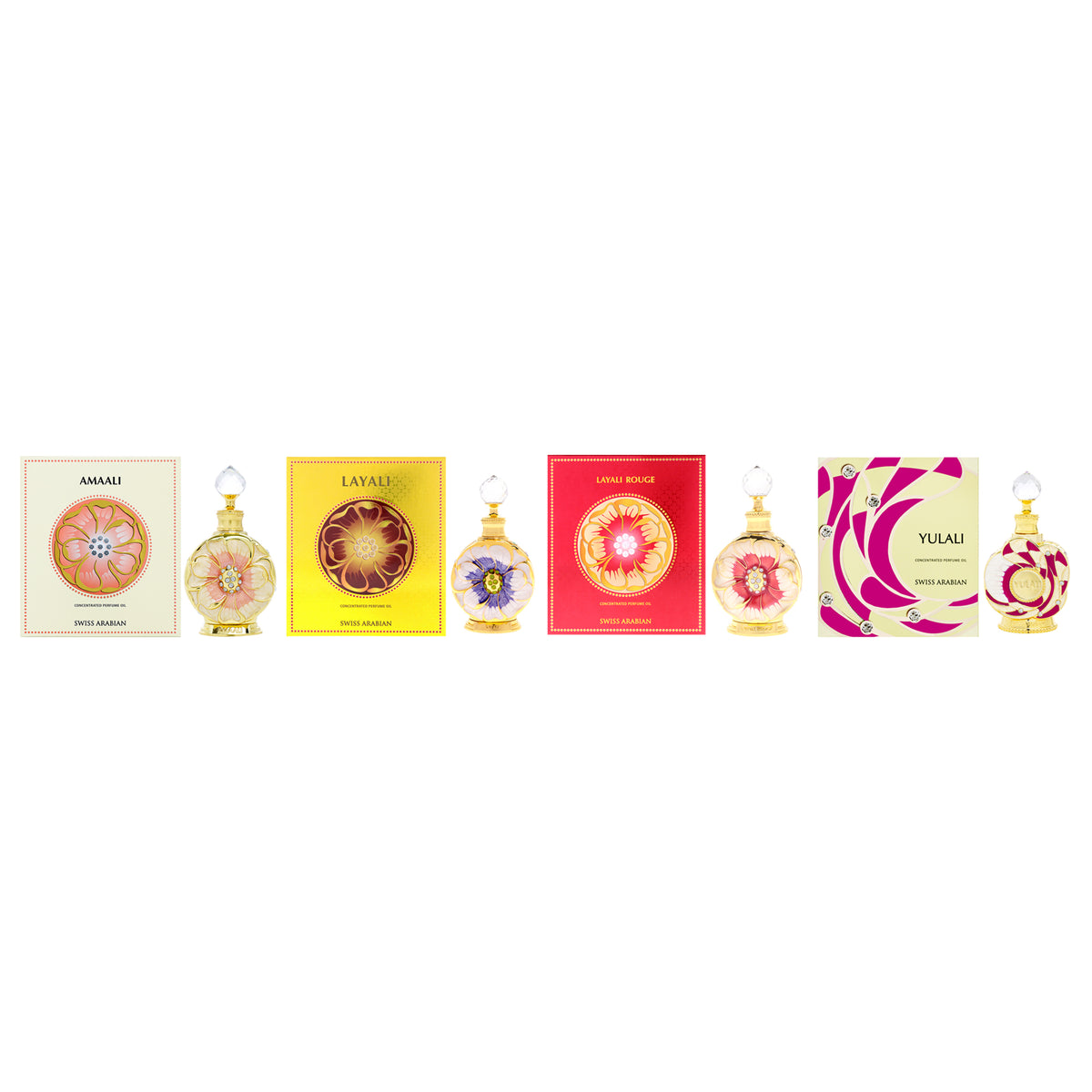 Swiss Arabian Kit by Swiss Arabian for Unisex - 4 Pc Kit 0.5oz Layali Rouge Parfum Oil, 0.5oz Layali Parfum Oil, 0.5oz Amaali Rouge Parfum Oil, 0.5oz Yulali Parfum Oil