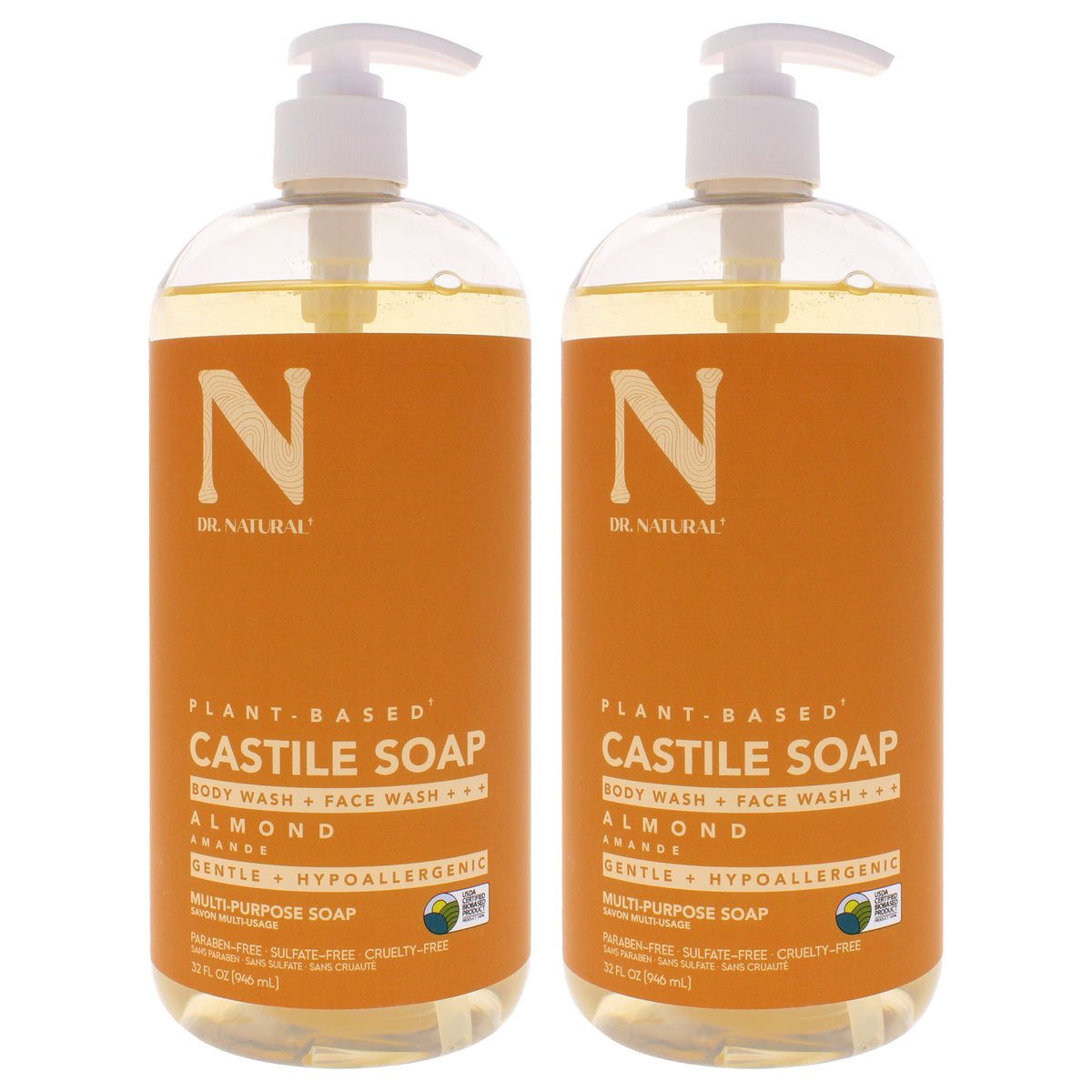 Castile Liquid Soap - Almond by Dr. Natural for Unisex - 32 oz Soap - Pack of 2