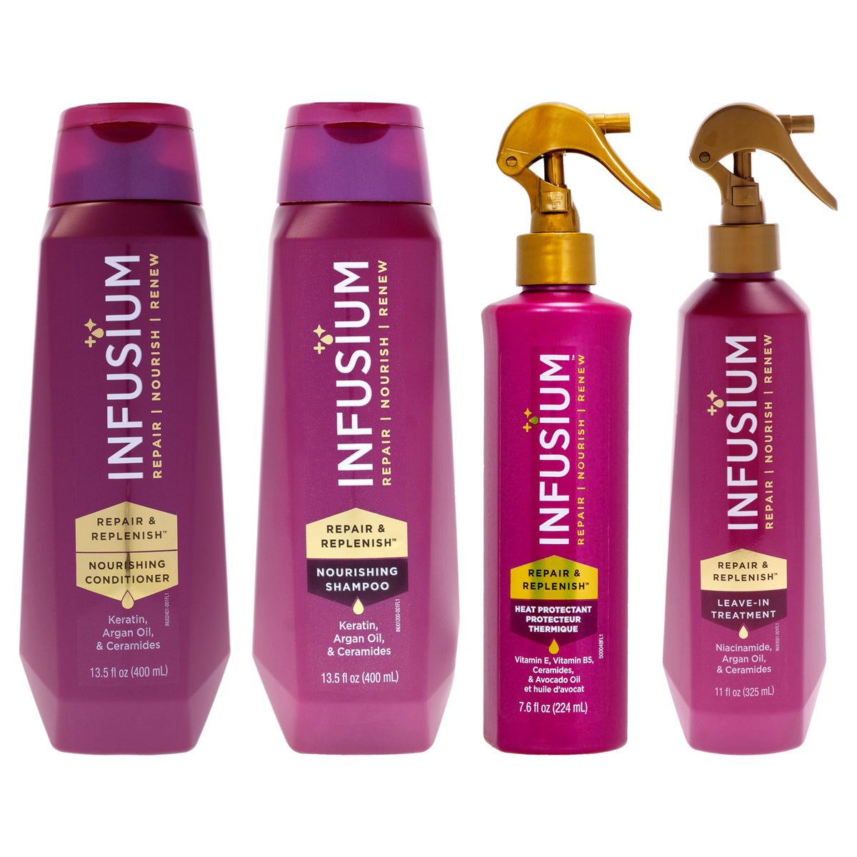 Moisturize and Replenish Conditioner - Shampoo with Repair and Replenish Heat Protector and Leave in Treatment Kit by Infusium for Unisex - 4 Pc Kit 13.5oz Conditioner, 13.5oz Shampoo, 7.6oz Protector, 11oz Treatment