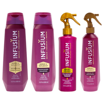 Moisturize and Replenish Conditioner - Shampoo with Repair and Replenish Heat Protector and Leave in Treatment Kit by Infusium for Unisex - 4 Pc Kit 13.5oz Conditioner, 13.5oz Shampoo, 7.6oz Protector, 11oz Treatment