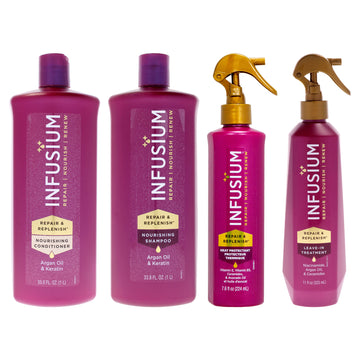 Moisturize and Replenish Conditioner - Shampoo with Repair and Replenish Heat Protector and Leave in Treatment Kit by Infusium for Unisex - 4 Pc Kit 33.8oz Conditioner, 33.8oz Shampoo, 7.6oz Protector, 11oz Treatment