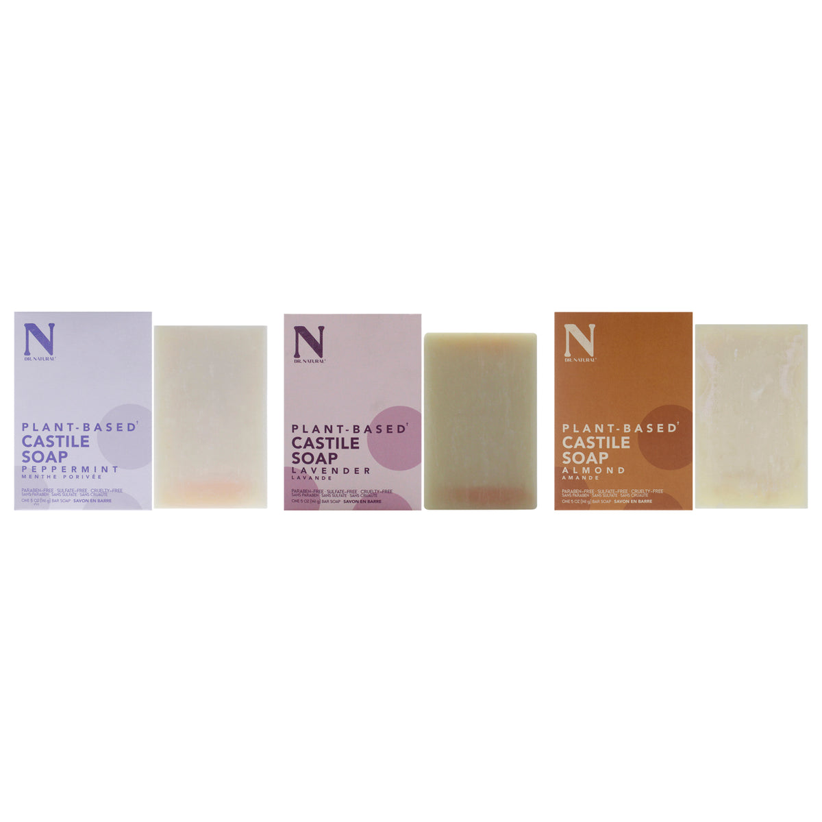 Castile Bar Soap Kit by Dr. Natural for Unisex - 3 Pc Kit 5oz Bar Soap - Peppermint, 5oz Bar Soap - Lavender, 5oz Bar Soap - Almond