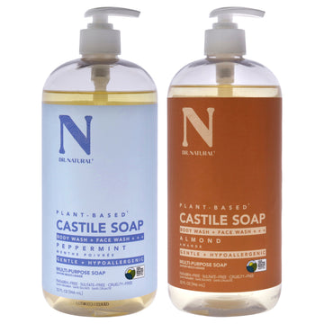 Castile Liquid Soap Kit by Dr. Natural for Unisex - 2 Pc Kit 32oz Liquid Soap - Peppermint, 32oz Liquid Soap - Almond