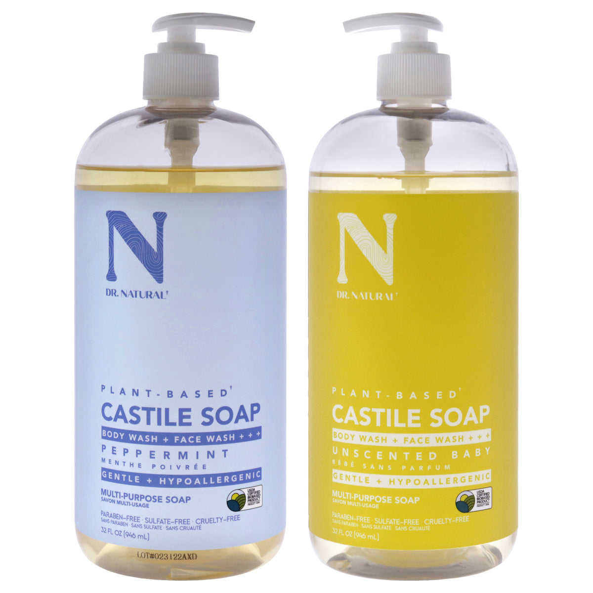 Castile Liquid Soap Kit by Dr. Natural for Unisex - 2 Pc Kit 32oz Liquid Soap - Peppermint, 32oz Liquid Soap - Unscented Baby