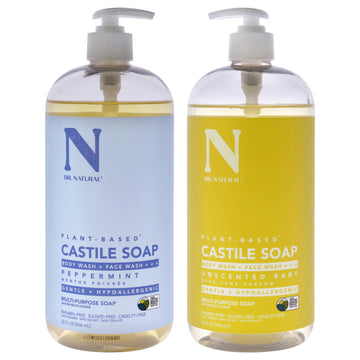 Castile Liquid Soap Kit by Dr. Natural for Unisex - 2 Pc Kit 32oz Liquid Soap - Peppermint, 32oz Liquid Soap - Unscented Baby