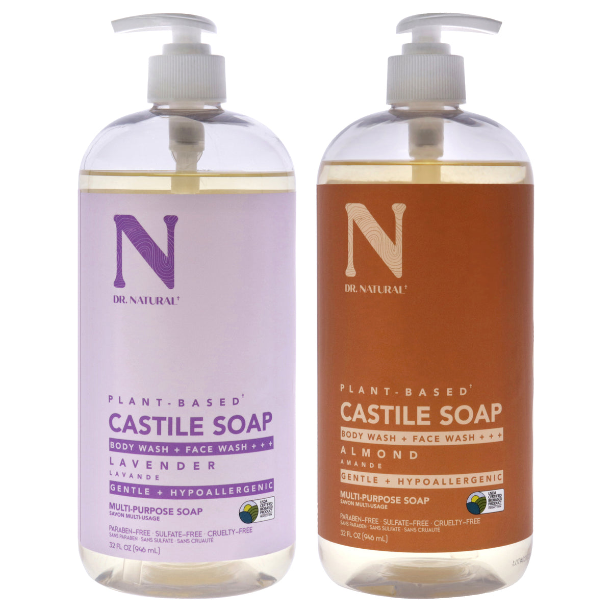 Castile Liquid Soap Kit by Dr. Natural for Unisex - 2 Pc Kit 32oz Liquid Soap - Almond, 32oz Liquid Soap - Lavender