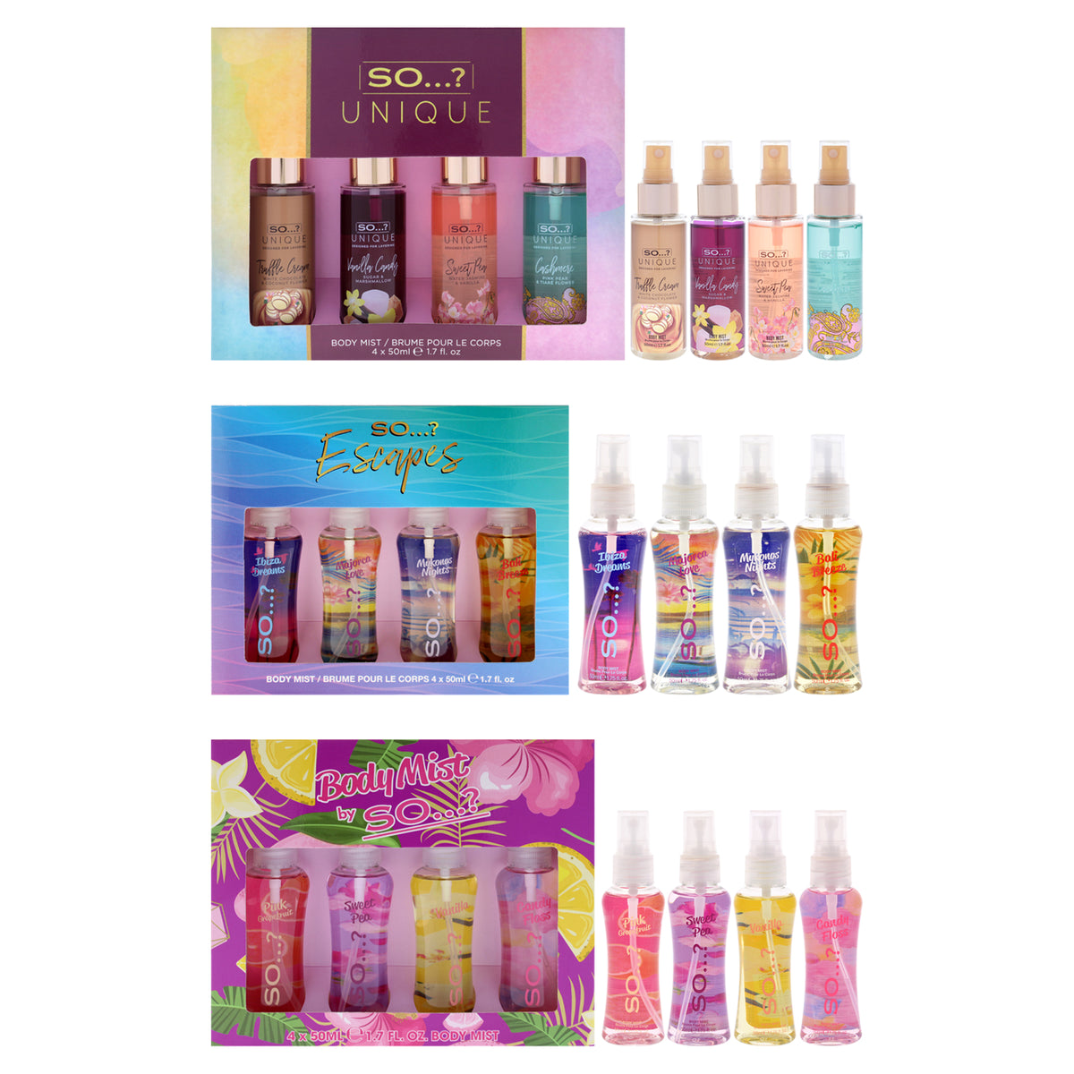 Body Mist Kit by So…? for Women - 12 Pc Kit 1.7oz Body Mist - Ibiza Dreams, 1.7oz Body Mist - Seychelle Sands Love, 1.7oz Body Mist - Mykonos Nights, 1.7oz Body Mist - Bali Breeze, 1.7oz Body Mist - Vanilla Candy, 1.7oz Body Mist - Sweet Pea