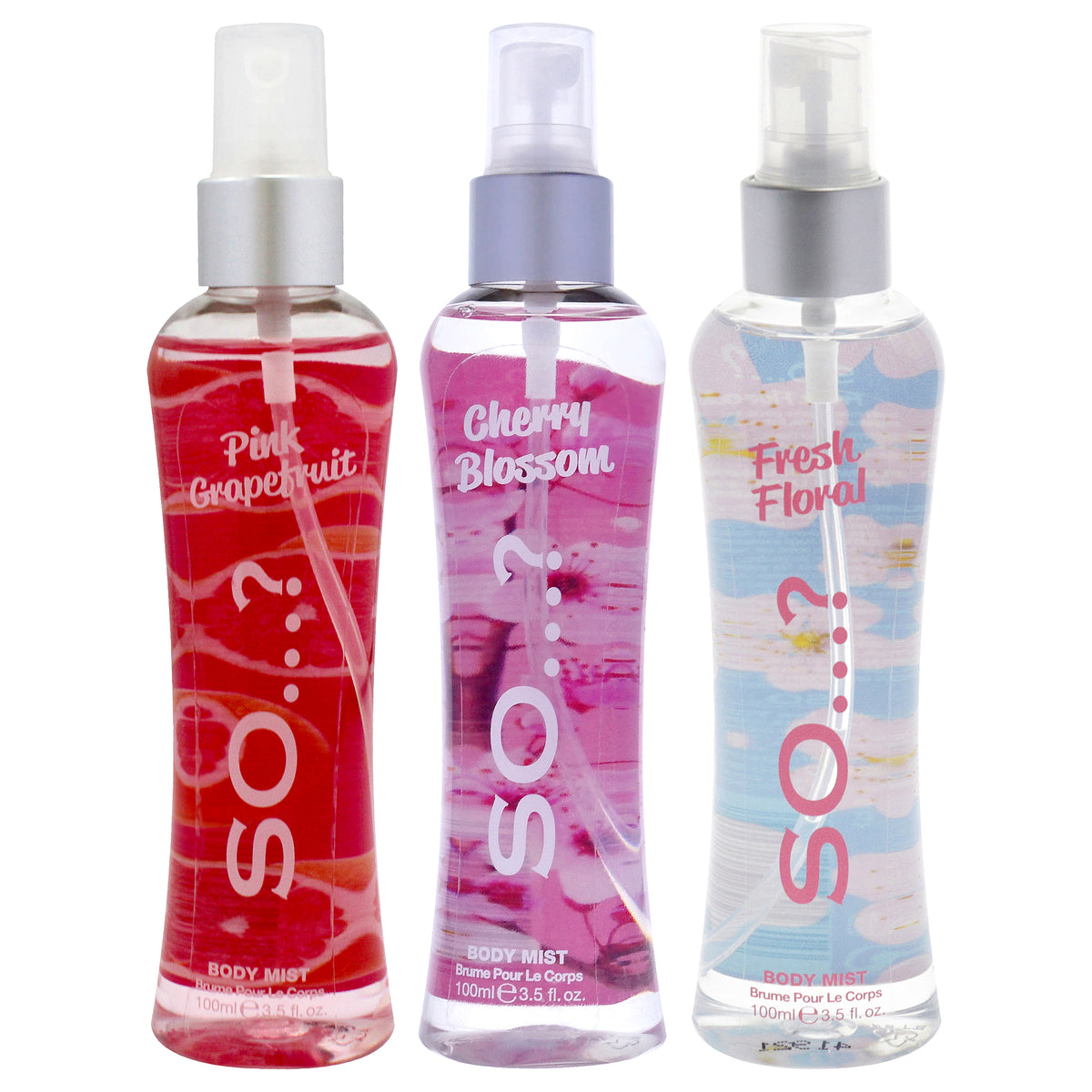 Body Mist Kit by So…? for Women - 3 Pc Kit 3.5oz Body Mist - Fresh Floral, 3.5oz Body Mist - Cherry Blossom, 3.5oz Body Mist - Pink Grapefruit