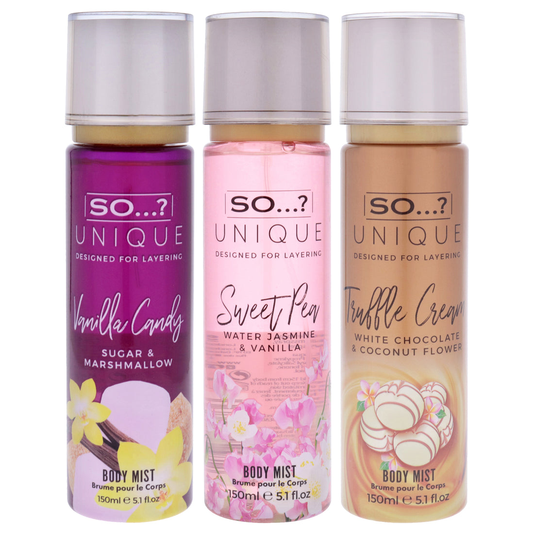 Unique Body Mist Kit by So…? for Women - 3 Pc Kit 5.1oz Body Mist - Truffle Cream, 5.1oz Body Mist - Sweet Pea, 5.1oz Body Mist - Vanilla Candy