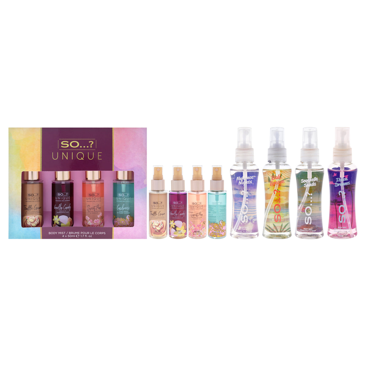 Body Mist Kit by So…? for Women - 8 Pc Kit 1.7oz Body Mist - Vanilla Candy, 1.7oz Body Mist - Sweet Pea, 1.7oz Body Mist - Truffle Cream, 1.7oz Body Mist - Cashmere, 1.7oz Body Mist - Ibiza Dreams, 1.7oz Body Mist - Seychelle Sands Love
