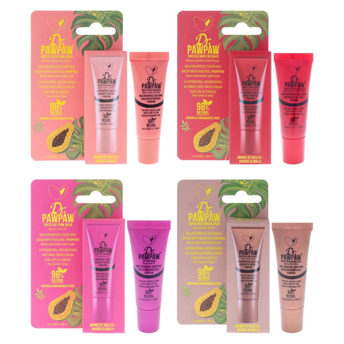 Tinted Balm Kit by Dr. PawPaw for Women - 4 Pc Kit 0.33oz Tinted Balm - Peach Pink, 0.33oz Tinted Balm - Ultimate Red, 0.33oz Tinted Balm - Hot Pink, 0.33oz Tinted Balm - Rich Mocha