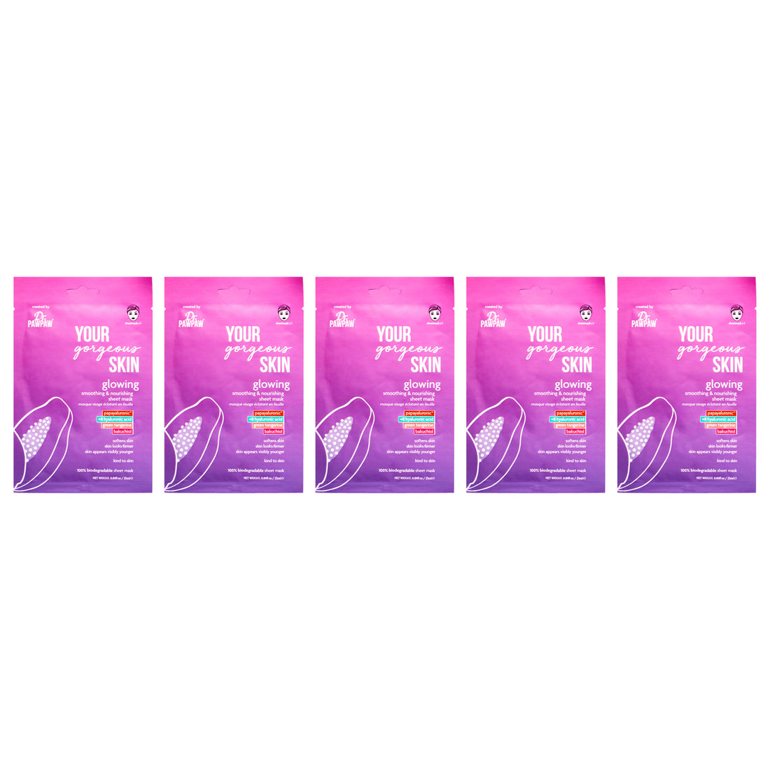 Glowing Sheet Mask by Dr. PawPaw for Women - 0.84 oz Mask - Pack of 5
