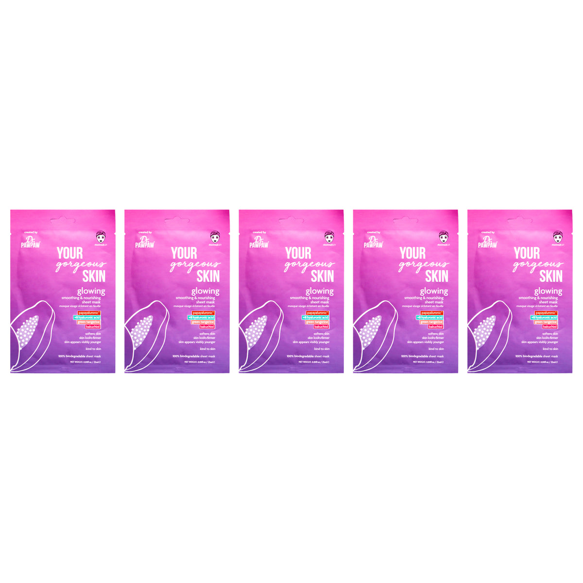 Glowing Sheet Mask by Dr. PawPaw for Women - 0.84 oz Mask - Pack of 5