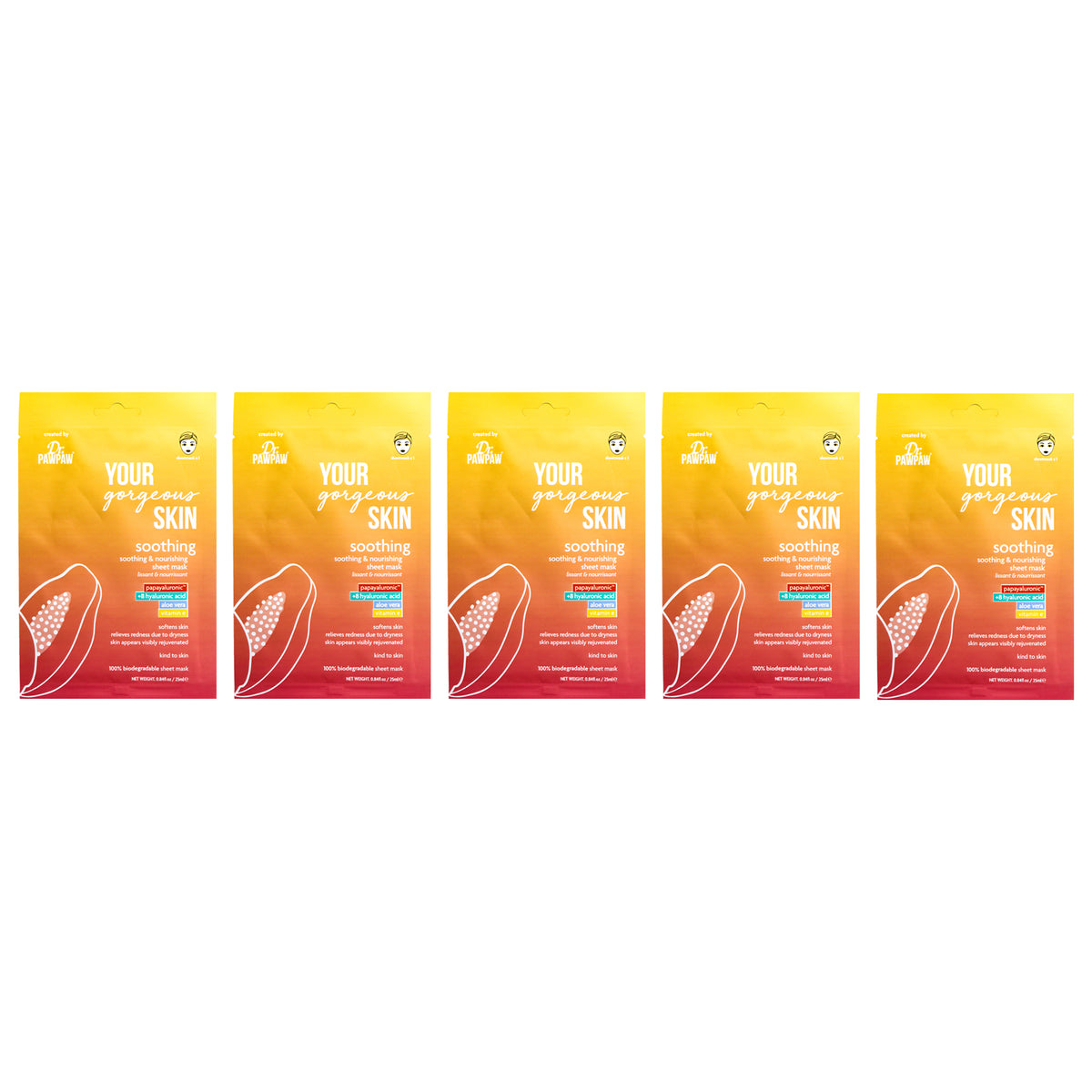 Soothin Sheet Mask by Dr. PawPaw for Women - 0.84 oz Mask - Pack of 5
