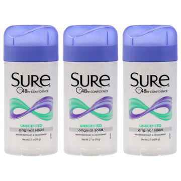 Original Solid Anti-Perspirant Deodorant - Unscented by Sure for Unisex - 2.7 oz Deodorant Stick - Pack of 3