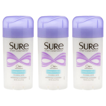Invisible Solid Anti-Perspirant and Deodorant - Unscented by Sure for Unisex - 2.6 oz Deodorant Stick - Pack of 3
