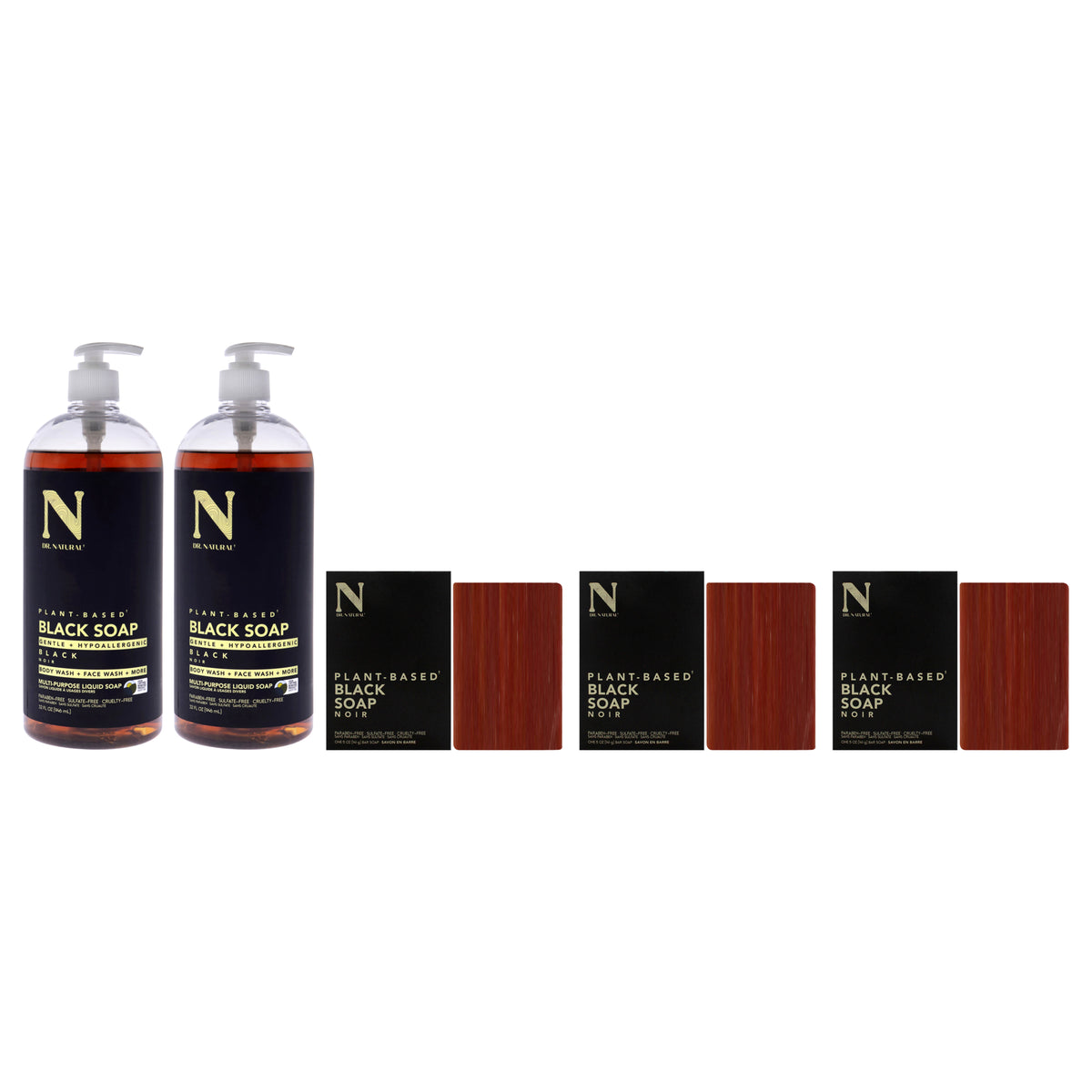 BlackSoap01by Dr. Natural for Unisex - 5 Pc Kit 2 x 32oz Multi-Purpose Liquid Soap - Black, 3 x 5oz Bar Soap - Black