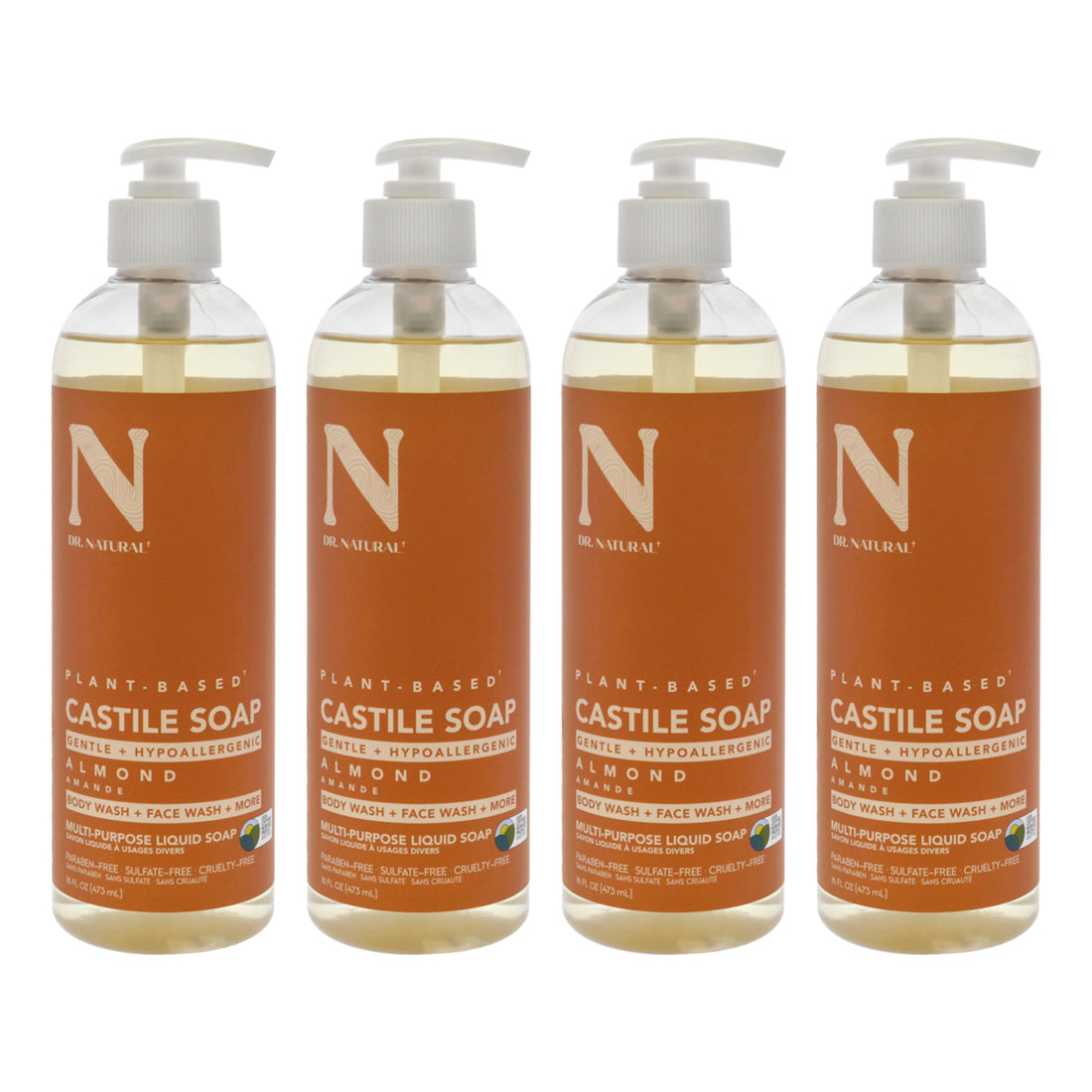Castile Liquid Soap - Almond by Dr. Natural for Unisex - 16 oz Soap - Pack of 4