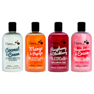 Bath and Shower Cream Kit by I Love Cosmetics for Women - 4 Pc Kit 16.9oz Bath and Shower Creme - Strawberries and Cream, 16.9oz Bath and Shower Creme - Raspberry and Blackberry, 16.9oz Bath and Shower Creme - Mango and Papaya