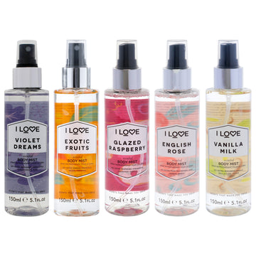 Body Mist Kit by I Love Cosmetics for Women - 5 Pc Kit 5.1oz Scented Body Mist - Glazed Raspberry, 5.1oz Scented Body Mist - Violet Dreams, 5.1oz Scented Body Mist - English Rose, 5.1oz Scented Body Mist - Vanilla Milk