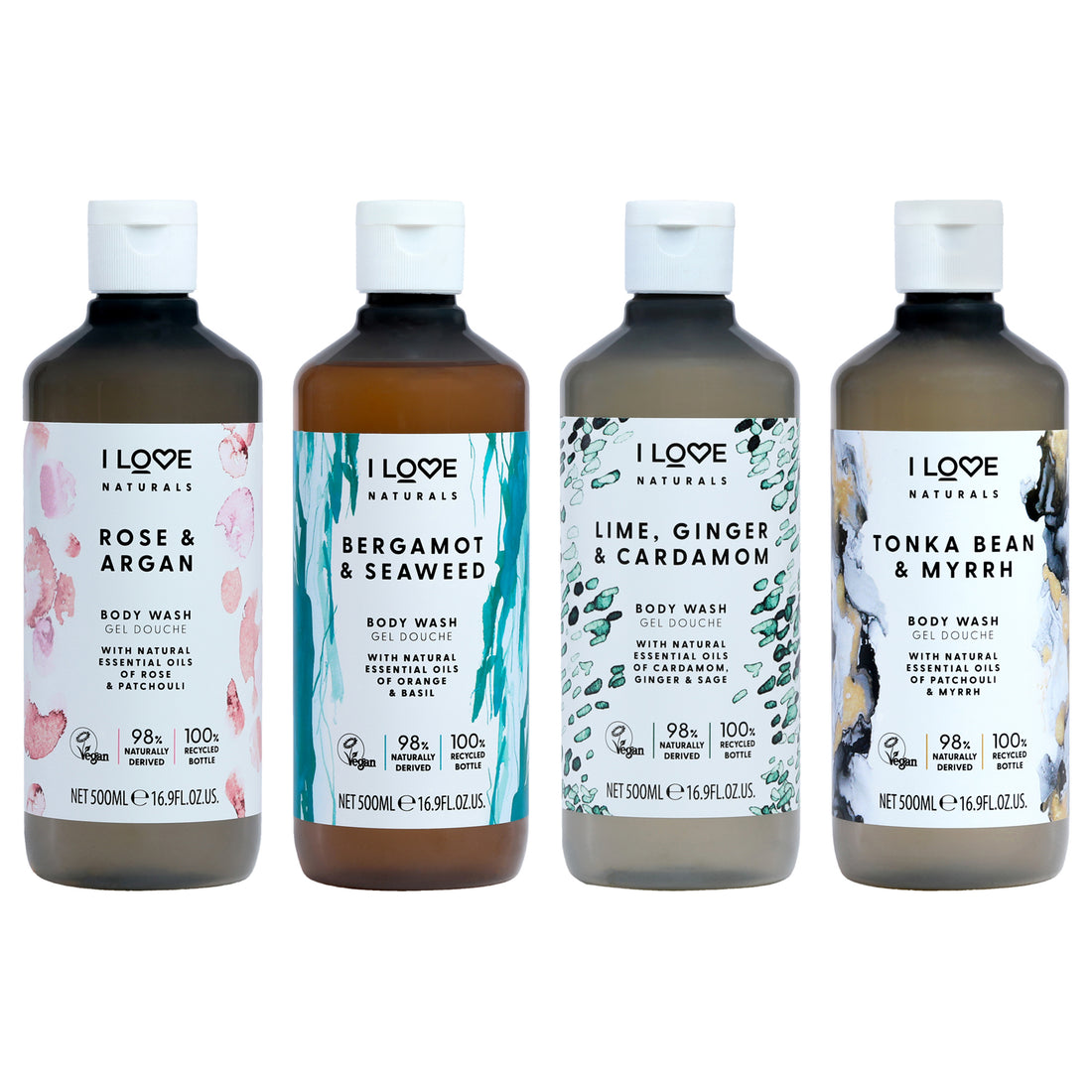 Naturals Body Wash Collection Kit by I Love Cosmetics for Women - 4 Pc Kit 16.9oz Naturals Body Wash - Bergamot and Seaweed, 16.9oz Naturals Body Wash - Tonka Bean and Myrrh, 16.9oz Naturals Body Wash - Rose and Argan