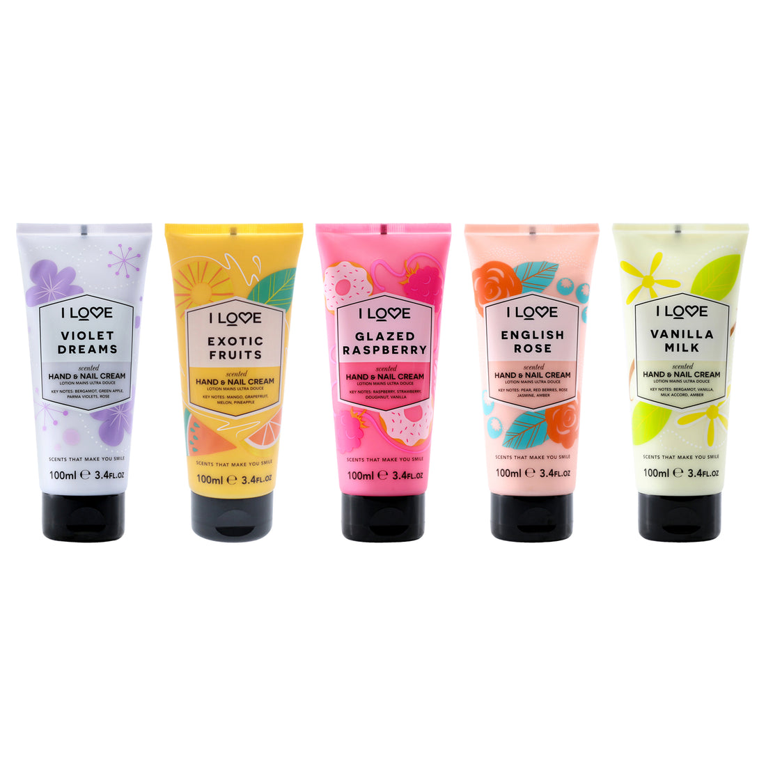 Hand and Nail Cream Bundle Kit by I Love Cosmetics for Women - 5 Pc Kit 3.4oz Scented Hand and Nail Cream - Glazed Raspberry, 3.4oz Scented Hand and Nail Cream - Violet Dreams, 3.4oz Scented Hand and Nail Cream - English Rose