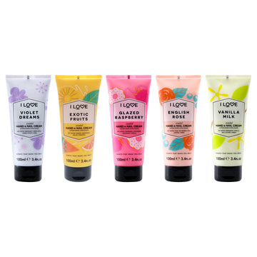 Hand and Nail Cream Bundle Kit by I Love Cosmetics for Women - 5 Pc Kit 3.4oz Scented Hand and Nail Cream - Glazed Raspberry, 3.4oz Scented Hand and Nail Cream - Violet Dreams, 3.4oz Scented Hand and Nail Cream - English Rose